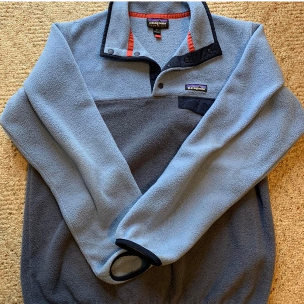 Patagonia synchilla snap t fleece jacket colorblock light blue with orange